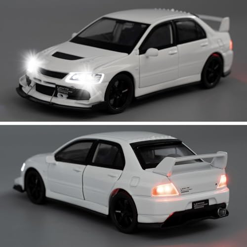 Image of FEXXA Toy Car Compatible for 1:32 Mitsu bishi Lancer Evolution Model, Pull Back Diecast Collectible Car with Sounds & Lights for Kids Boys Girls and Adults, Gift (White)