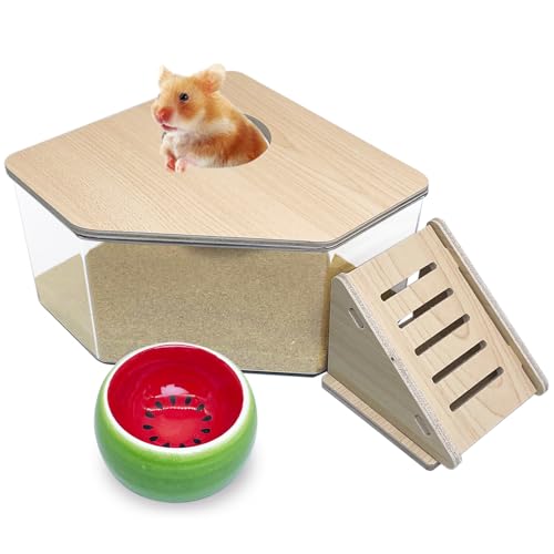 PINVNBY Hamster Sand Bath Box, Transparent Acrylic Sand Bath Shower, Gerbils Digging Room Container with Climbing Ladder and Ceramic Bowl, Litter Box for Hamsters Guinea Pigs Mice (Triangle)