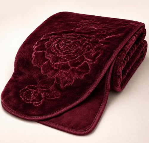 Image of BSB HOME 280 GSM Micromink Blanket, Premium Soft Warm Cozy Winter Blanket, Plush Double Bed Blanket, Ultra Soft Comfortable Bedding, Embossed Floral Design, 82 x 86 Inches (208 x 218 cm) - Wine Red