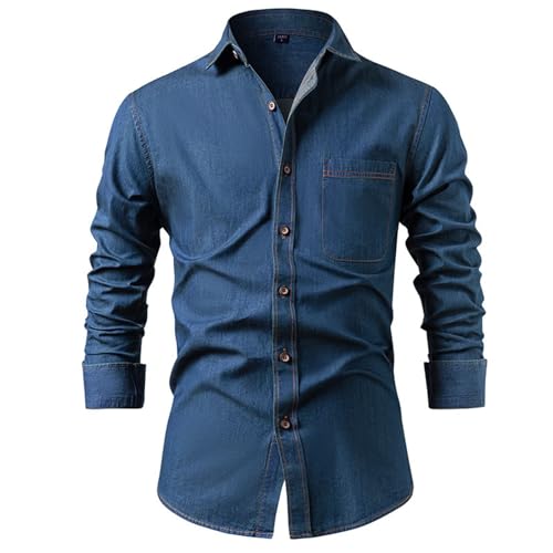Denim Shirt for Mens Casual Slim Fit Button Down Long Sleeve Shirts Fashion Plus Size Laple Blouses with Pocket Dark Blue