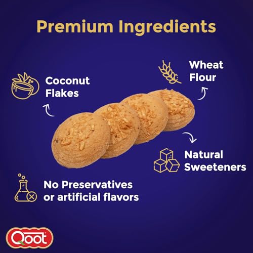 Image of Qoot Rich Coconut Cookies 200g | Made with Real Coconut Flakes | Crunchy & Delicious Tea-Time Biscuits | Perfect for Snacking & Gifting | No Artificial Flavours or Preservatives | Made With Real Coconut Flakes, No Artificial Preservatives or Additives, All-Natural Ingredients, Crunchy Biscuits