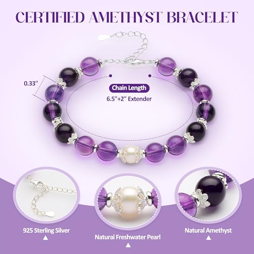 Certified Natural Amethyst Bracelet Gift Set for Women, 8mm Freshwater Pearl & Birthstones in Sterling Silver - Adjustable Beaded Chain Jewelry (Length 8'')3