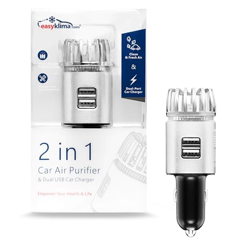 EasyKlima Purificador de aire y cargador USB para coche - Elimina los malos olores, refresca el aire acondicionado - Limpiador de aire con doble puerto USB de 2,5 A para cargar en el coche