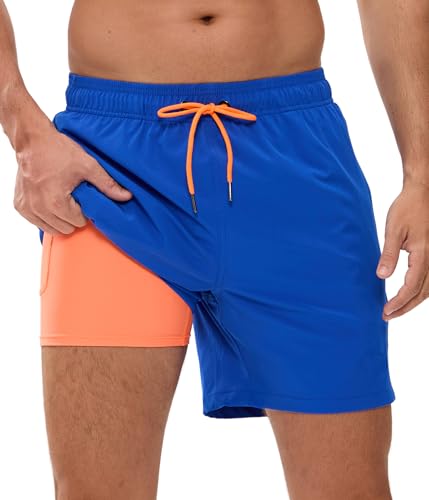 Image of Mens Swim Trunks Compression Liner No Mesh Swimming Trunks Men Swimwear Quick Dry Above Knee Zipper Pocket Swim Shorts