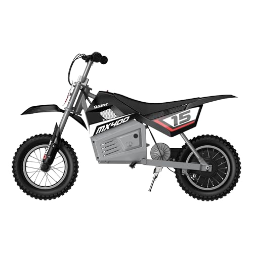 Image of Razor MX400 Dirt Rocket Electric Bike for Kids Ages 8+, 140 lb Max Weight, Black - 24V Battery, Up to 14 Mph, 30-Min Ride Time on High Speed, Twist-Grip Throttle, Spoked Wheels w / 12 inch Pneumatic Tires
