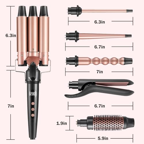 6 in 1 Hair Curling Iron Wand Set PTC Fast Heating Hair Crimper Professional Hair Styling Tools LCD Temp Control with Hair Straightener, Ceramic 3 Barrel Hair Waver Surprise Gift for Women Girl - Thumbnail 6