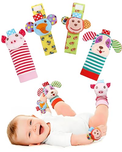 SSK Soft Baby Wrist Rattle Foot Finder Socks Set,Cotton and Plush Stuffed Infant Toys,Birthday Holiday Birth Present for Newborn Boy Girl 0/3/4/6/7/8/9/12/18 Months Kids Toddler,4 Cute Animals