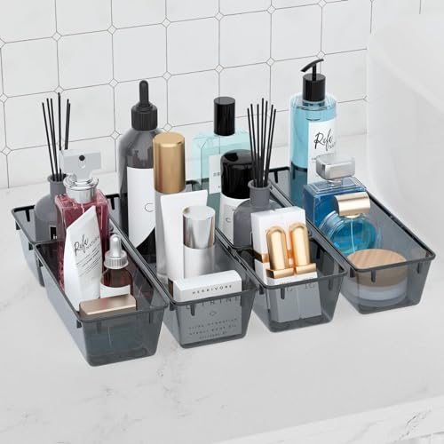 Image of Kienlix Desk Drawer Organizers Trays Set Clear Plastic Storage Bins Bathroom Drawer Tray Dividers Vanity Trays Organizer for Bedroom Dresser Makeup Kitchen Utensil Office (9pc Set (Black-2))