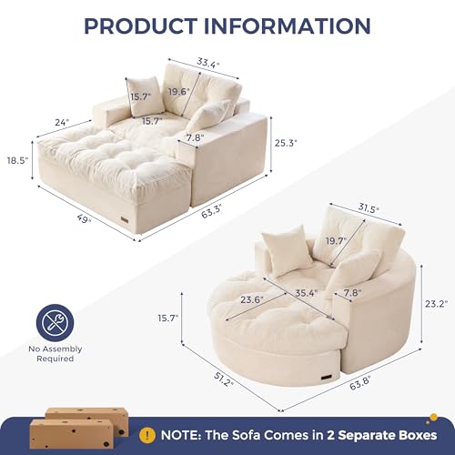 Image of MAXYOYO Modular Sectional Chaise Lounge Sofa, 2 Sets Upholstered Lounge Chair with Ottoman, Comfy Round+ Square Couch with Layered Cushion, Tufted Sleeper Chair for Living Room, No Assembly, Beige
