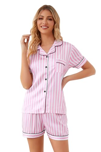 Image of Schbbbta Girls Womens Pajamas, Satin Silky Pjs Set Kids 2Pcs Button-Down Nightwear Sleepwear Gift for Mommy and me