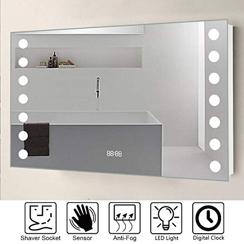 Warmiehomy 80x60cm LED Bathroom Mirror with Lights Illuminated Bathroom Mirror with Demister Pad Shaver Socket for Makeup Cosmetic Shaving Wall Mounted…