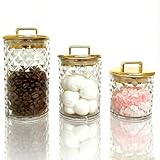 AIQIYIDBO 3-Pack Diamond-Cut Acrylic Storage Jars with Gold Lids – Airtight Clear Canisters for Bathroom & Kitchen | Apothecary Jars for Cotton Pads, Qtips, Snacks, Candy & Home Organization