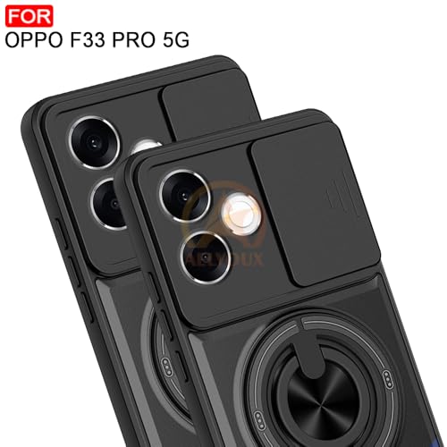 Image of Oppo F33 Pro 5G Back Cover | Armor Camera Slider 360 Degree Rotating Finger Ring Holder Case with Bracket Stand Back Case Cover (Compatible with MagSafe Accessories) (Black)