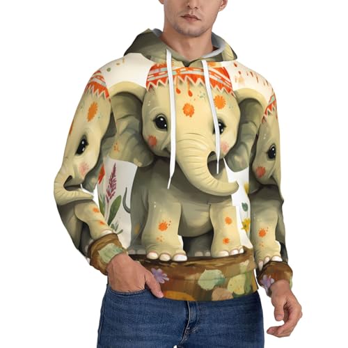 Men's Fleece Pullover Hoodie Long Sleeve Hooded Cartoon Elephant with Plant Painting Sweatshirt Casual Shirts With Pockets
