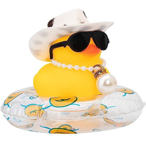 Image of wonuu Car Rubber Duck, Yellow Duck Decoration Dashboard with Sun Hat Swim Ring Necklace Sunglasses for Car Dashboard Decorations, Black White Cowboy Hat-Transparent-Big Pearl