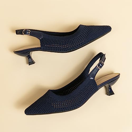 Image of youngshow Women's Slingback Kitten Heels for Work | Knit, Low Heels, Elastic Back Strap, Slip on, Pumps for Office, Wedding, Party