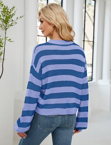 Image of Libsorge Womens Oversized Lightweight Cute Striped Cropped Sweater Spring 2025 Knitted Crew Neck Thin Crop Pullover Tops
