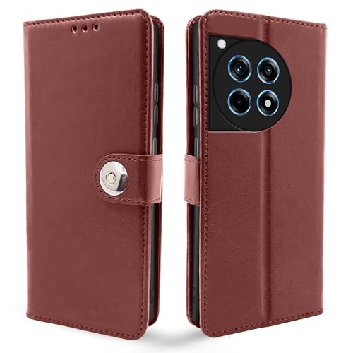 Image of Pikkme OnePlus 12R 5G Flip Cover Leather Finish | Inside TPU with Card Pockets | Wallet Stand and Shock Proof | Complete Protection Button Flip Case (Brown)
