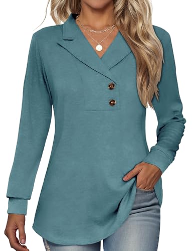 Tisfeer Sweatshirt Damen Pullover V-Ausschnitt Langarmshirt Elegant Business Lässig Tunika Tops Locker Herbst Winter Einfarbig Oberteile 2026(Blau Grün,L)