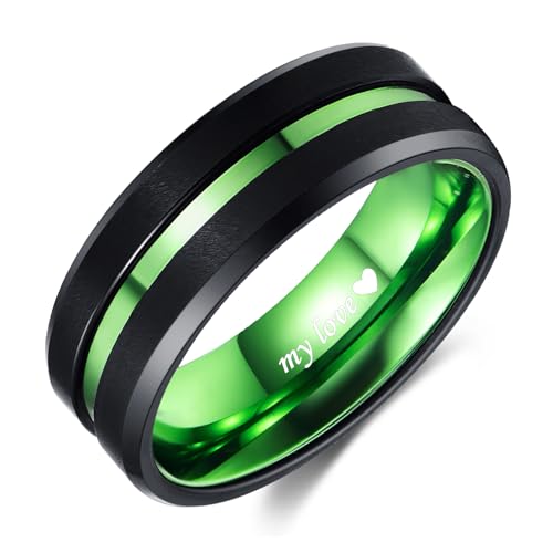 Custom Men's Black Tungsten Rings Blue/Rose Gold/Multi-Color/Gold/Green/Red/Purple Plated Grooved Personalized Wedding Bands Black Matte Finish Beveled Edges Size 4 to 173