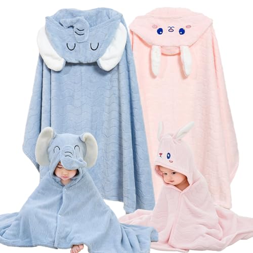 Image of Hooded Baby Towels 2 Pack Coral Fleece, Luxuriously Thick Hooded Towels Soft Shower Bath Towel for Newborn, Infant, Toddler (Blue & Pink)