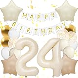 Happy 24th Birthday Decorations For Women, White Happy Birthday Banner, Beige 24 Balloon Numbers 40 Inch, 24 Birthday Balloons For White And Gold Birthday Decorations