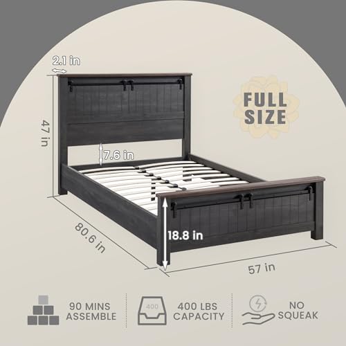 Image of IFGET Farmhouse Full Size Bed Frame with 47 inch Headboard, Wood Bed Frame with Groove Sliding Barn Door Footboard, Platform Bed with Wood Slats Support, No Box Spring Needed (Dark Grey)