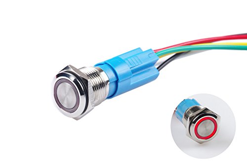 KNACRO 16mm Metal Button Switch with Wire Socket Self-Complex Ring Glowing Angel Eyes Energy Saving LED Lamp Beads IP67 Waterproof LED Power DC 3V-6V(DC 5V, RED)