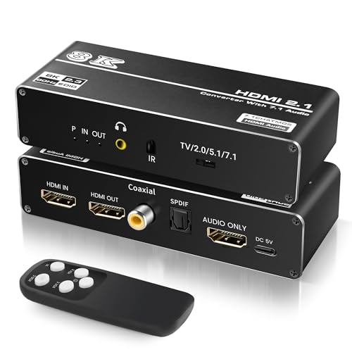 HDMI Audio Extractor 4K 120Hz, avedio links HDMI Audio Conventer Splitter with HDMI to HDMI + 7.1Ch HDMI Audio + Optical Toslink SPDIF + Coaxial + 3.5mm Audio Jack, Support HDMI 2.1, HDR, VRR, HDCP2.3