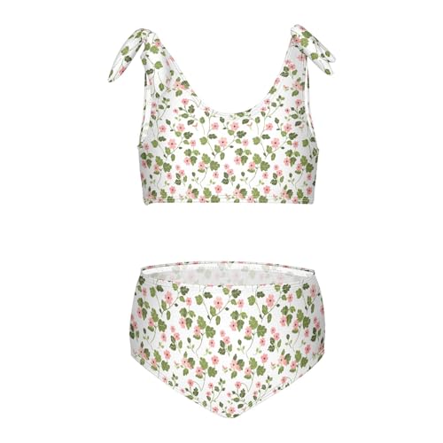 Pink Flowers Pattern Girls Tankini Swim Set, Two Piece Swimsuits Summer Bikini Swimwear Set for Girls, 4T
