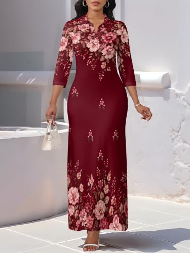 Image of PinkPatty Women's Casual 3 /4 Sleeve Polo V Neck Bodycon Maxi Dress