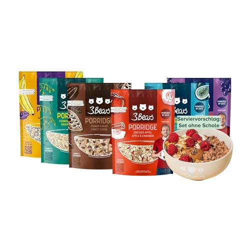 3Bears Porridge Set I 6x400g vegane Portionsbeutel mit Feiner Kakao, Zimtiger Apfel, Mohnige Banane, Fruchtige Kokosnuss, Dreierlei Beere & Kerniger Klassiker | Mit rein natürlicher Süße
