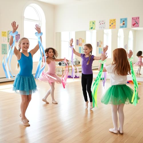 Image of VioraWhite 12 Pcs Rainbow Dance Ribbons for Kids Rainbow Rhythm Ribbons Elastic Wrist Streamers Hand Held Rhythm Streamers Gymnastics Dance Party Props for Adult Decor (0.8 x 19.7 Inch,Macaron)