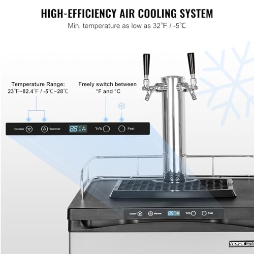 VEVOR Beer Kegerator, Dual Tap Draft Beer Dispenser, Full Size Keg Refrigerator With Shelf, CO2 Tank(No Gas), Drip Tray & Rail, 23°F- 82.4°F Temperature Control, 162L, Silver on Fridge.com