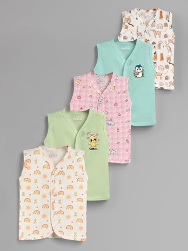 Image of HELLCAT 100% Cotton Front Open Jhabla Vest & T Shirt for Babies - Pack of 5 (Unisex,Sleeveless)