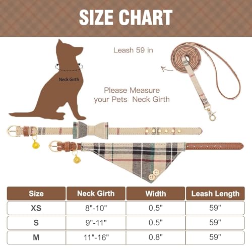 Dog Collar and Leash with Bow Tie for Small Dogs - Puppy Leash Collars Classic Beige Plaid Adjustable Size with Golden Bell, Perfect for Small Breeds and Boys