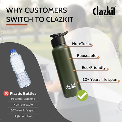 Image of Clazkit Alpha Sporty Stainless Steel Water Bottle Single Wall 750ml Set of 4| Lightweight, Leak-Proof, Reusable | Ideal for School Kid,Office, Gym & Travel | Green
