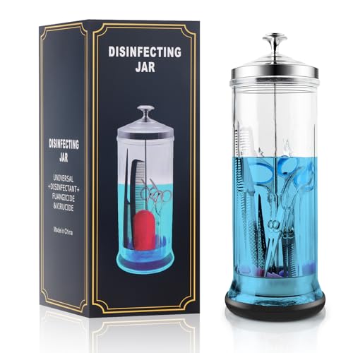 53 Oz Large Glass Disinfectant Jar with Removable Basket & Stainless Steel Lid Anti-Slip Base Durable Sanitizing Container for Barber Tools Combs Brushes Nail Tools & Implements