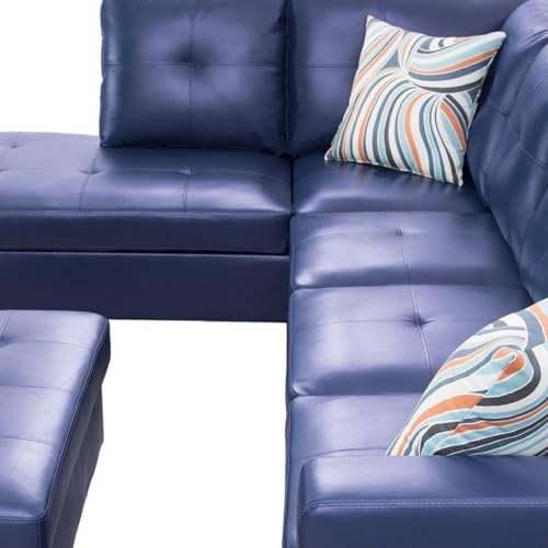 Image of L-Shaped 3-Piece Semi PU Synthetic Leather Sofa with Storage Ottoman Set, Sectional Couch Sofa Set for Living Room, Office, Small Space, Blue