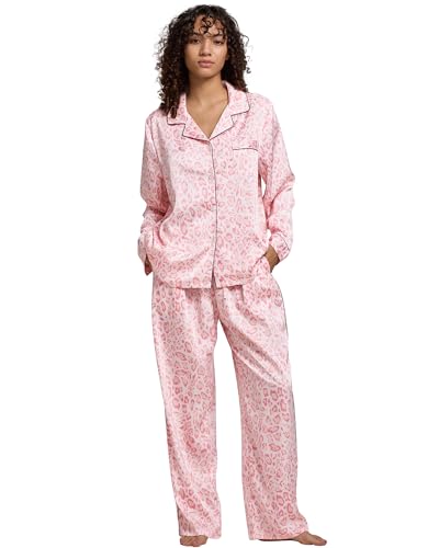 Image of YiNi LuLu Womens Silk Satin Pajamas Set Button Down 2 Piece Pjs Long Sleeve Oversized Sleepwear with Pockets
