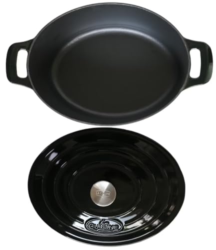 Image of La Cuisine Enameled Cast Iron Oval Dutch Oven Casserole Pot with Lid 6.75 QT Internal Matte Black Enamel Coating for bread baking, GlassTop Oven-Safe 550F /276C, Glossy Black
