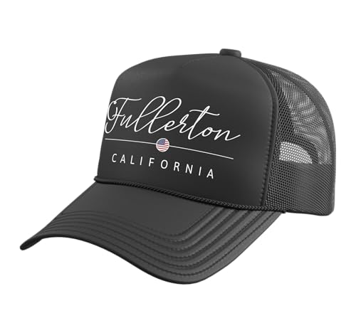 Fullerton California CA on Fullerton Trucker Hat with Adjustable Mesh Back, Black