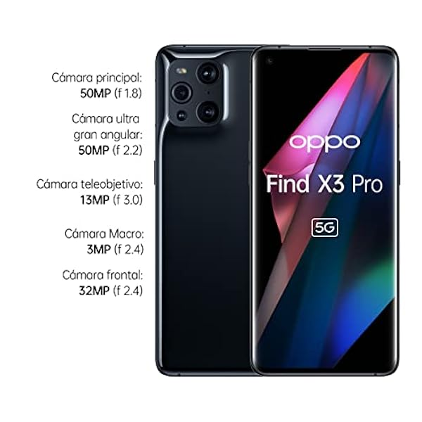OPPO Find X3 Pro 5G - Teléfono Móvil libre, 12GB 256GB, Cámara 50 50 13 3 MP, Smartphone Android, Batería 4500mAh, Carga Rápida 65W, Dual SIM, Cable USB extra - Negro