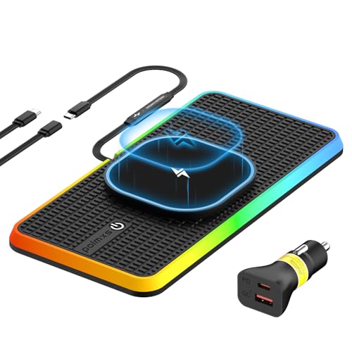 Alfombrilla de Carga Inalámbrica RGB , Polmxs Cargador Magnético 15W con LED Antideslizante, Cable de 30CM + Extensión de 70CM, Compatible con iPhone 16/15/14/13/12 Pro