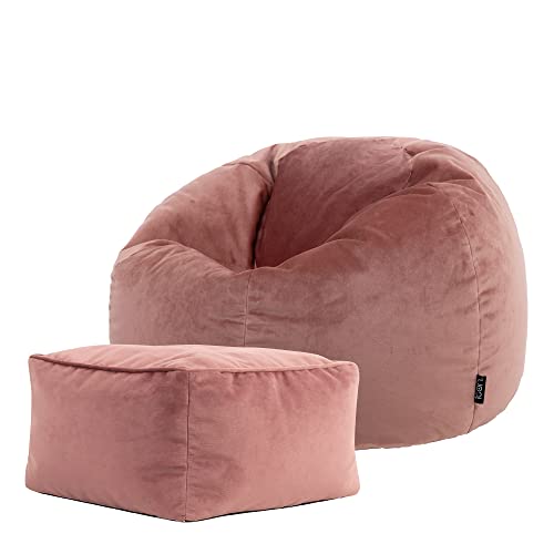 Icon Kingston Sitzsack mit Hocker Samt, Rosa, Sitzsack Erwachsene mit Füllung, Bean Bag, Samt Sessel, Lounge Sessel, Lounge Stuhl, Schlafzimmer, Wohnzimmer, Wohnzimmer Möbel