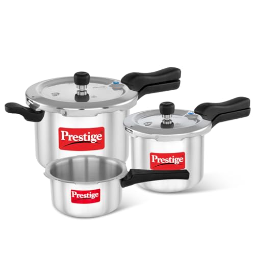 Image of Prestige 2 Litre + 3 Litre + 5 Litre Aluminium Svachh Outer Lid Pressure Cooker Combo with 2 Lids | Deep Lid for Spillage Control | Gas & Induction Compatible | Gasket Release Sys | 5Y Warranty | ISI