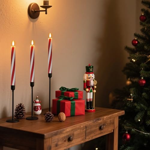 Image of Christmas Flameless Taper Candles Flickering Battery Operated with Remote Timer, 2 Pack Real Wax 3D Wick LED Taper Candles Candy Cane Decals Holiday Indoor Dinner Decor(0.76 inch D x 9.65 inch H)