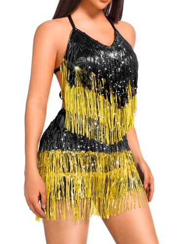 Image of Kaei&Shi Sequin Fringe Romper,Sparkly Glitter Metallic Jumpsuits For Women,Backless Shorts Dress Disco Birthday Dance Outfit