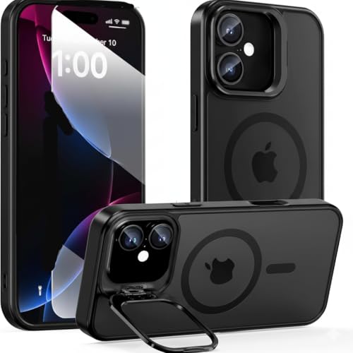 Image of MagPro case with Stand for Apple iPhone 16 | Magnetic Compatible Protective Cover with Strong Magnetic, Shockproof Armor, Scratch Resistant Polycarbonate Hard Back | Translucent Matte Black