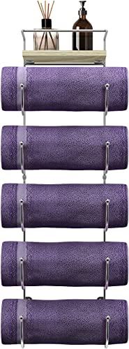 Sorbus Bathroom Towel Holder - 5 Tier Metal Towel Rack with Wood Shelf for Rolled Bath Towels, Washcloths, Linens, Hand Towels, Soaps & Accessories - Wall Mounted Towel Rack for Bathroom Towel Storage
